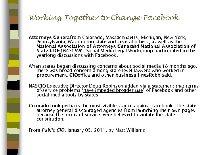 Working Together to Change Facebook Attorneys General from Colorado, Massachusetts, Michigan, New York, Pennsylvania,
