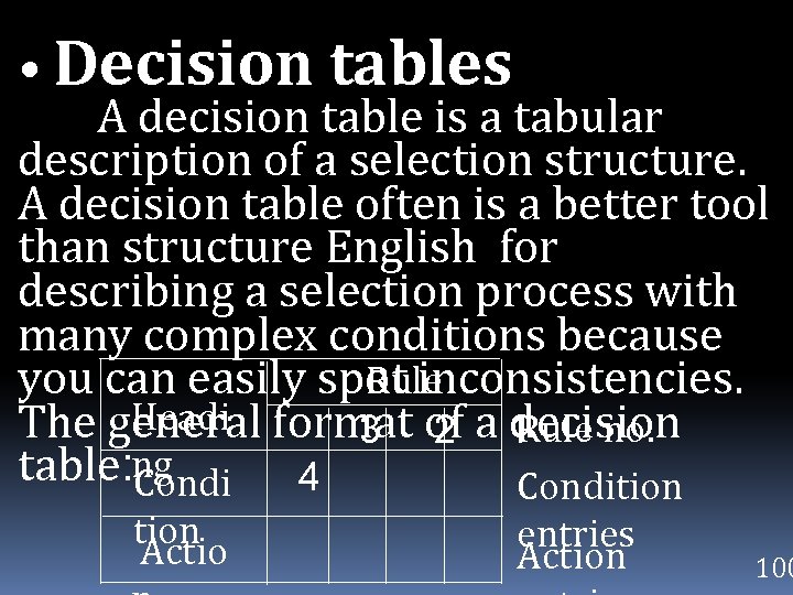  • Decision tables A decision table is a tabular description of a selection