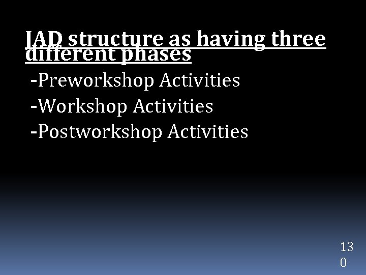 JAD structure as having three different phases -Preworkshop Activities -Workshop Activities -Postworkshop Activities 13