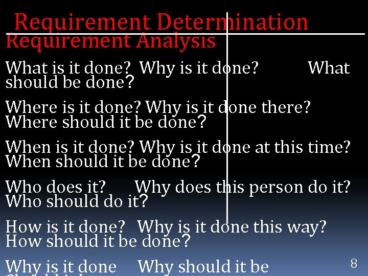  Requirement Determination Requirement Analysis What is it done? Why is it done? What