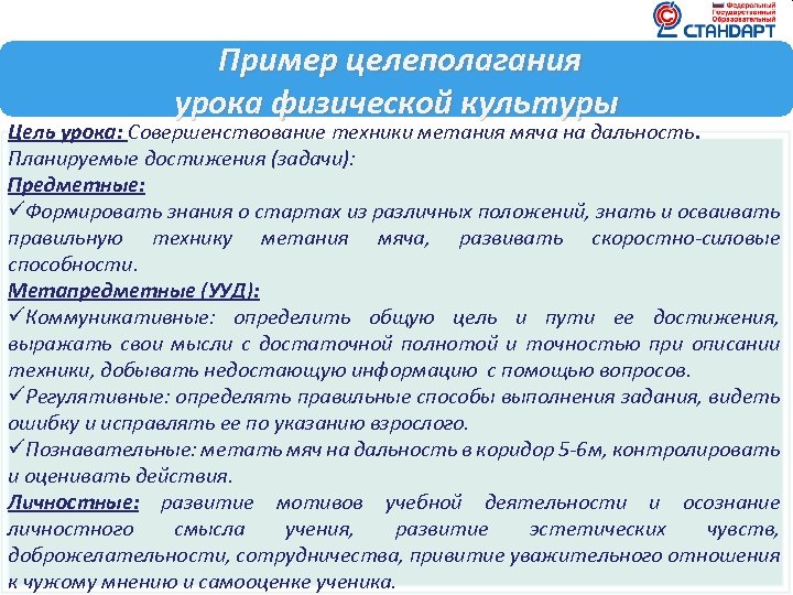 Пример целеполагания Тема урока: «Метание мяча на дальность в коридор 5 -6 м» ,