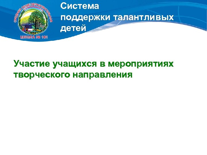 Система поддержки талантливых детей Участие учащихся в мероприятиях творческого направления 