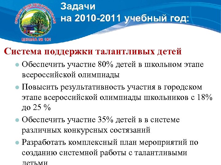 Задачи на 2010 -2011 учебный год: Система поддержки талантливых детей Обеспечить участие 80% детей