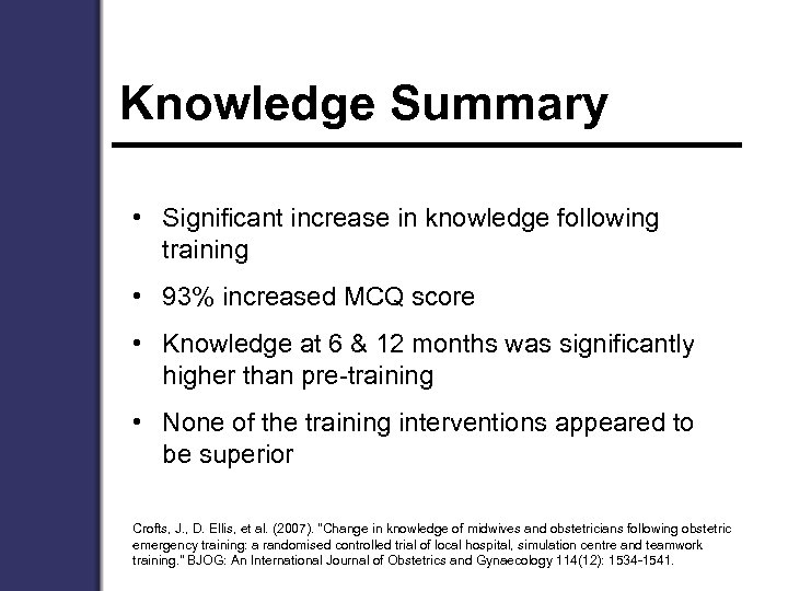 Knowledge Summary • Significant increase in knowledge following training • 93% increased MCQ score