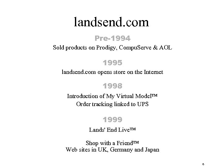 landsend. com Pre-1994 Sold products on Prodigy, Compu. Serve & AOL 1995 landsend. com