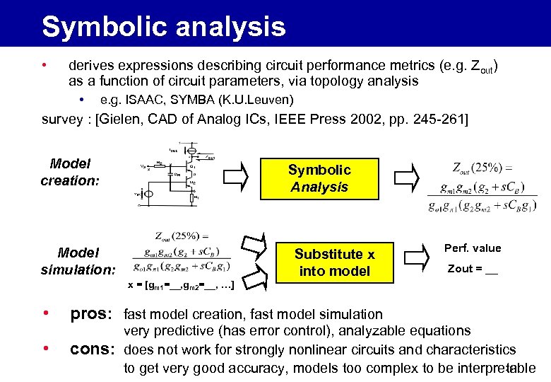 Symbolic analysis • derives expressions describing circuit performance metrics (e. g. Zout) as a