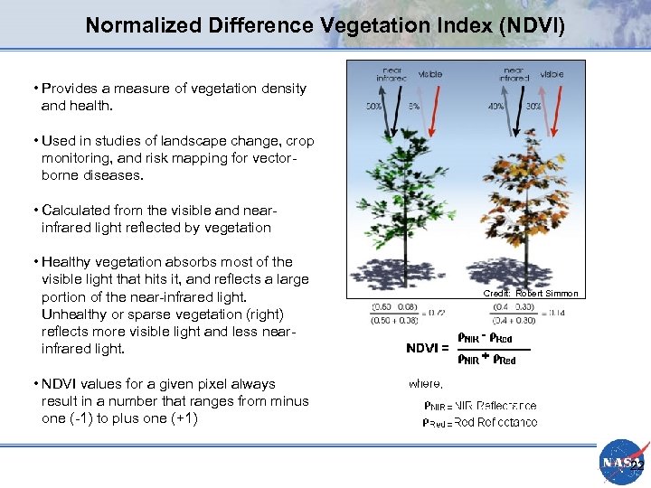 Normalized Difference Vegetation Index (NDVI) • Provides a measure of vegetation density and health.