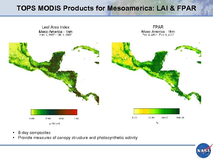 TOPS MODIS Products for Mesoamerica: LAI & FPAR • 8 -day composites • Provide