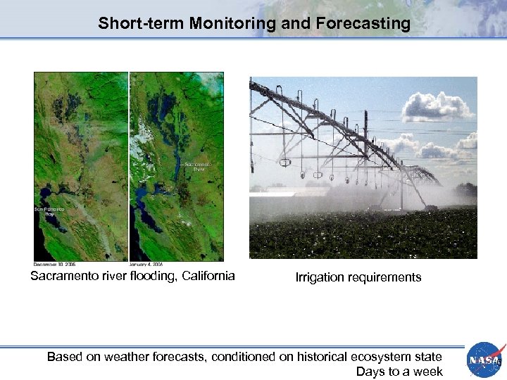 Short-term Monitoring and Forecasting Sacramento river flooding, California Irrigation requirements Based on weather forecasts,