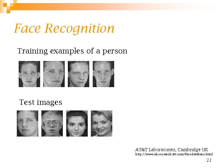 Face Recognition Training examples of a person Test images AT&T Laboratories, Cambridge UK http: