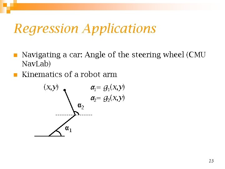 Regression Applications n n Navigating a car: Angle of the steering wheel (CMU Nav.