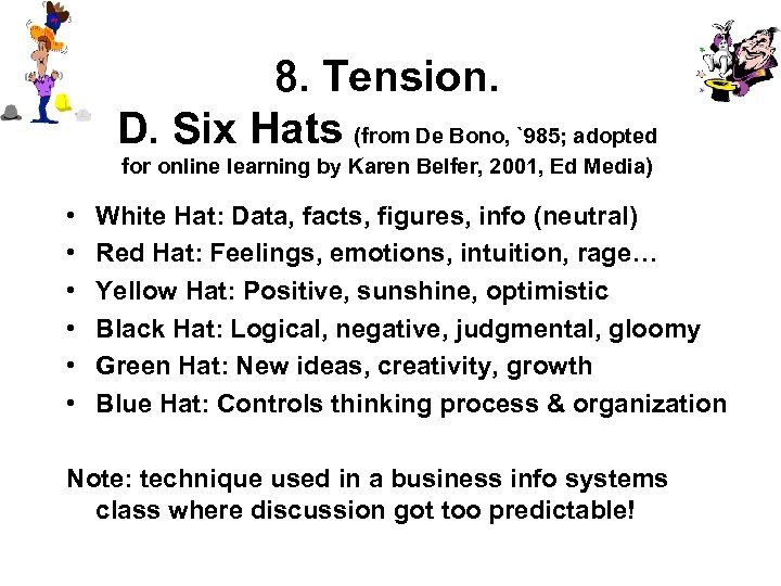 8. Tension. D. Six Hats (from De Bono, `985; adopted for online learning by