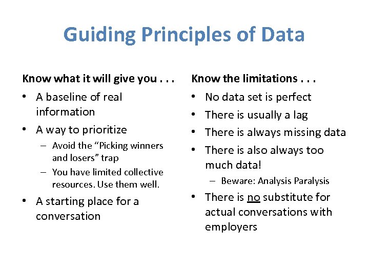 Guiding Principles of Data Know what it will give you. . . Know the