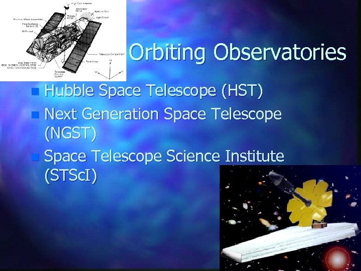 Orbiting Observatories Hubble Space Telescope (HST) n Next Generation Space Telescope (NGST) n Space