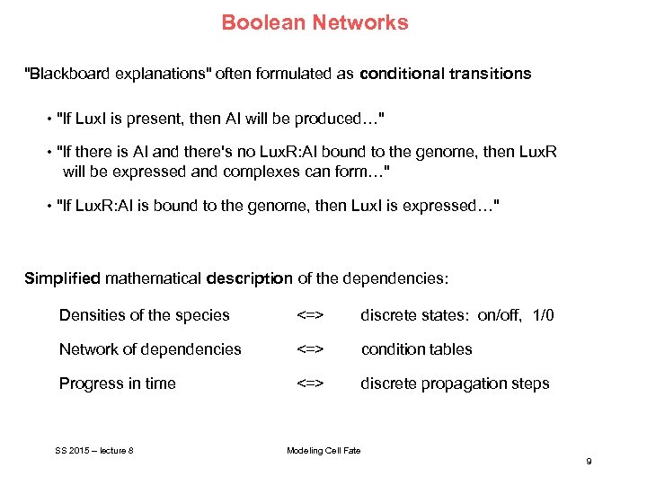 Boolean Networks "Blackboard explanations" often formulated as conditional transitions • "If Lux. I is