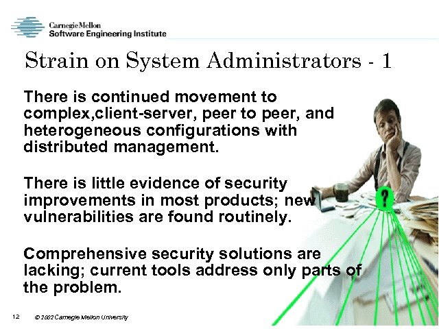 Strain on System Administrators - 1 There is continued movement to complex, client-server, peer