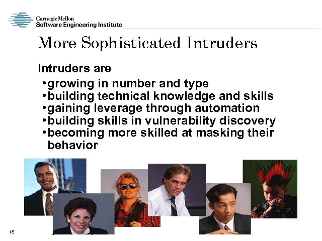 More Sophisticated Intruders are • growing in number and type • building technical knowledge
