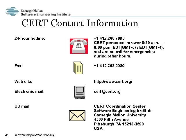 CERT Contact Information 24 -hour hotline: Fax: +1 412 268 6989 Web site: http: