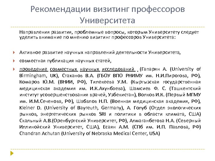 Рекомендации визитинг профессоров Университета Направления развития, проблемные вопросы, которым Университету следует уделить внимание по