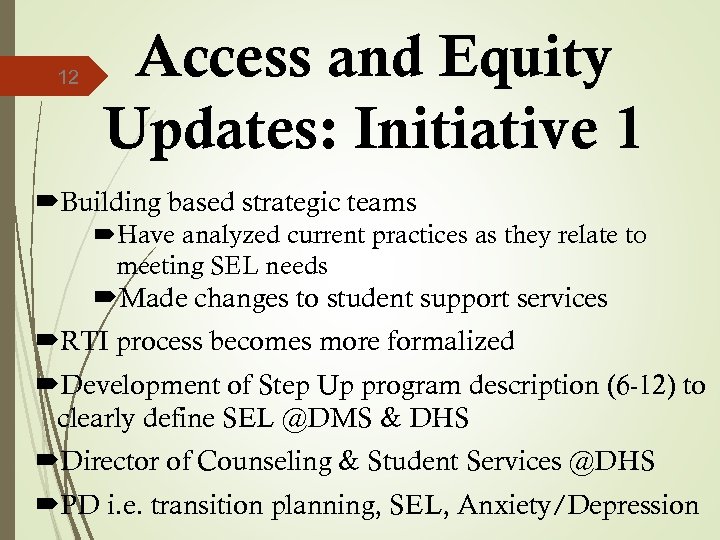 12 Access and Equity Updates: Initiative 1 Building based strategic teams Have analyzed current