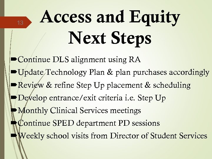 13 Access and Equity Next Steps Continue DLS alignment using RA Update Technology Plan