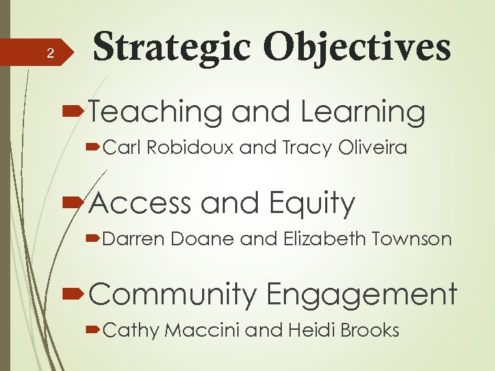 2 Strategic Objectives Teaching and Learning Carl Robidoux and Tracy Oliveira Access and Equity
