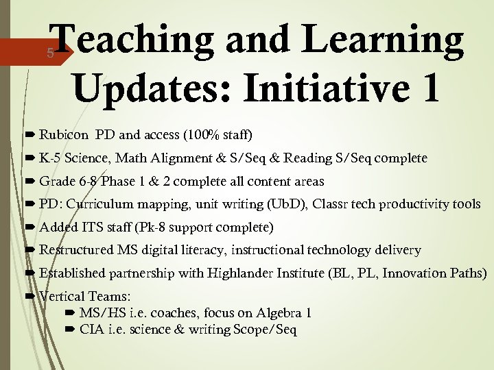 Teaching and Learning Updates: Initiative 1 5 Rubicon PD and access (100% staff) K-5