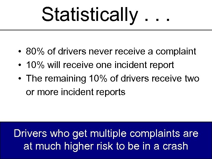 Statistically. . . • 80% of drivers never receive a complaint • 10% will