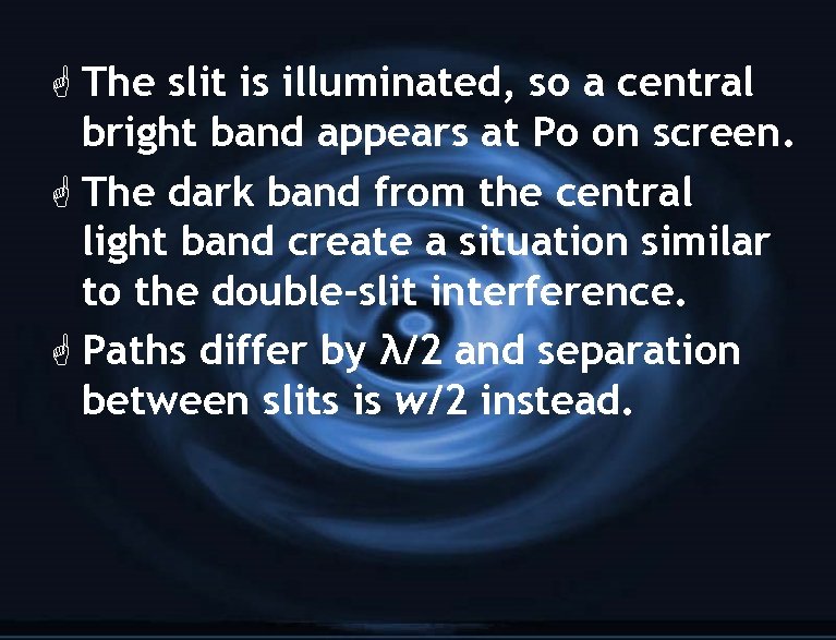 G The slit is illuminated, so a central bright band appears at Po on