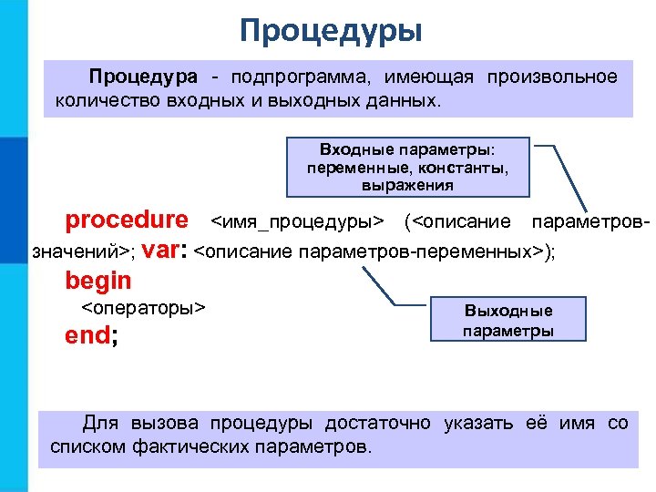 Процедуры Процедура - подпрограмма, имеющая произвольное количество входных и выходных данных. Входные параметры: переменные,
