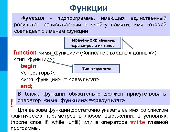 Функции Функция - подпрограмма, имеющая единственный результат, записываемый в ячейку памяти, имя которой совпадает