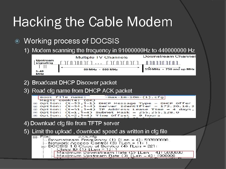 Hacking the Cable Modem Working process of DOCSIS 1) Modem scanning the frequency in