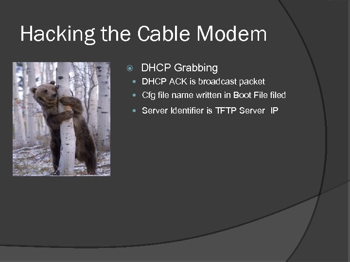 Hacking the Cable Modem DHCP Grabbing DHCP ACK is broadcast packet Cfg file name