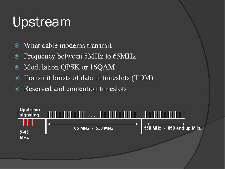 Upstream What cable modems transmit Frequency between 5 MHz to 65 MHz Modulation QPSK