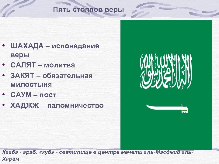 Пять столпов веры • ШАХАДА – исповедание • • веры САЛЯТ – молитва ЗАКЯТ