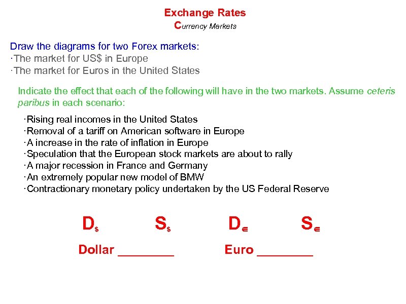 Exchange Rates Currency Markets Draw the diagrams for two Forex markets: ·The market for