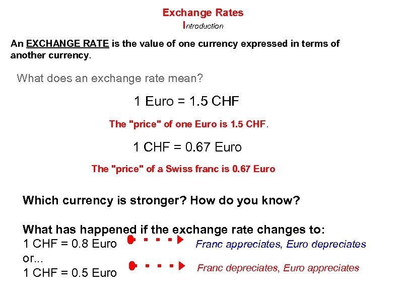 Exchange Rates Introduction An EXCHANGE RATE is the value of one currency expressed in