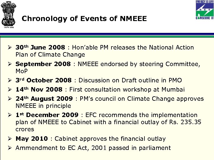 Chronology of Events of NMEEE Ø 30 th June 2008 : Hon’able PM releases