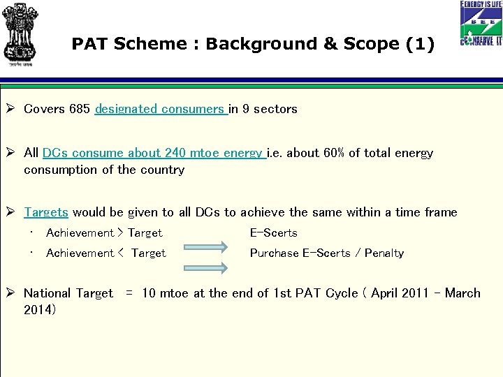 PAT Scheme : Background & Scope (1) Ø Covers 685 designated consumers in 9