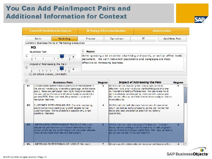 You Can Add Pain/Impact Pairs and Additional Information for Context © SAP AG 2009.