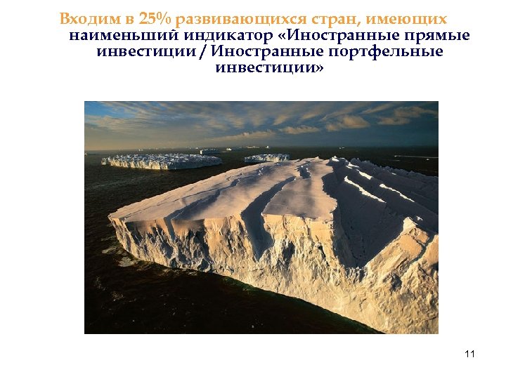 Входим в 25% развивающихся стран, имеющих наименьший индикатор «Иностранные прямые инвестиции / Иностранные портфельные