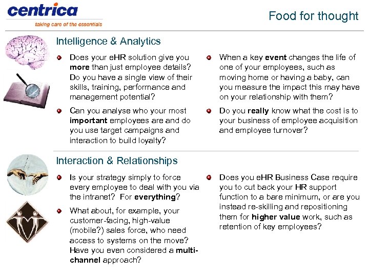 Food for thought Intelligence & Analytics Does your e. HR solution give you more