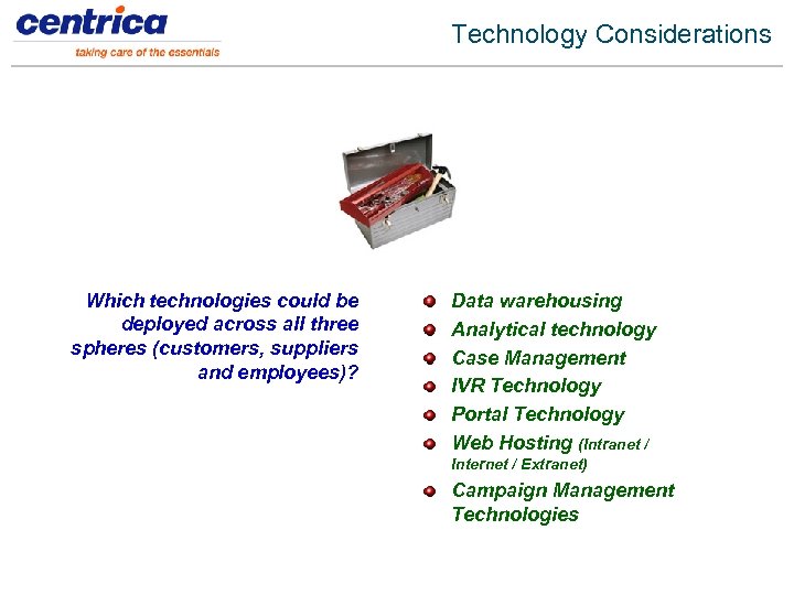 Technology Considerations Which technologies could be deployed across all three spheres (customers, suppliers and