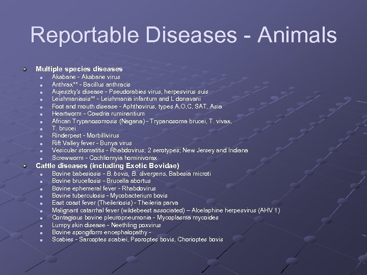 Reportable Diseases - Animals Multiple species diseases n n n Akabane - Akabane virus