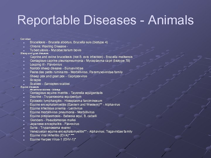Reportable Diseases - Animals Cervidae n n n Brucellosis - Brucella abortus, Brucella suis