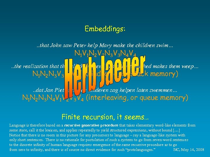 Embeddings: . . that John saw Peter help Mary make the children swim… N