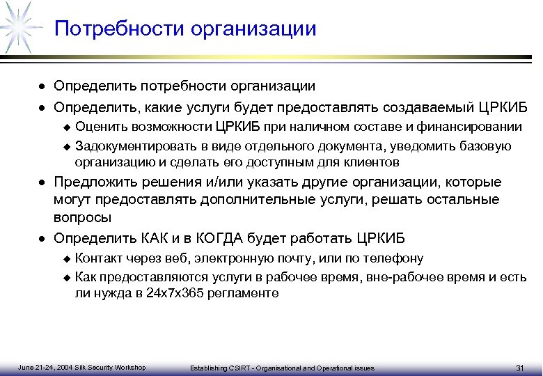 Потребности организации · Определить потребности организации · Определить, какие услуги будет предоставлять создаваемый ЦРКИБ