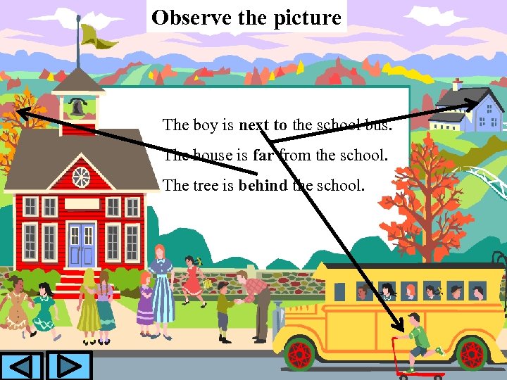 Observe the picture The boy is next to the school bus. The house is