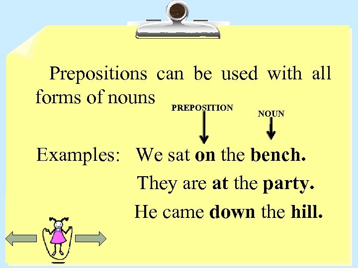  Prepositions can be used with all forms of nouns PREPOSITION NOUN Examples: We