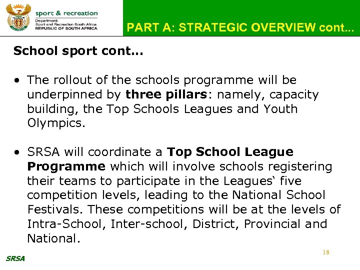 PART A: STRATEGIC OVERVIEW cont. . . School sport cont. . . • The